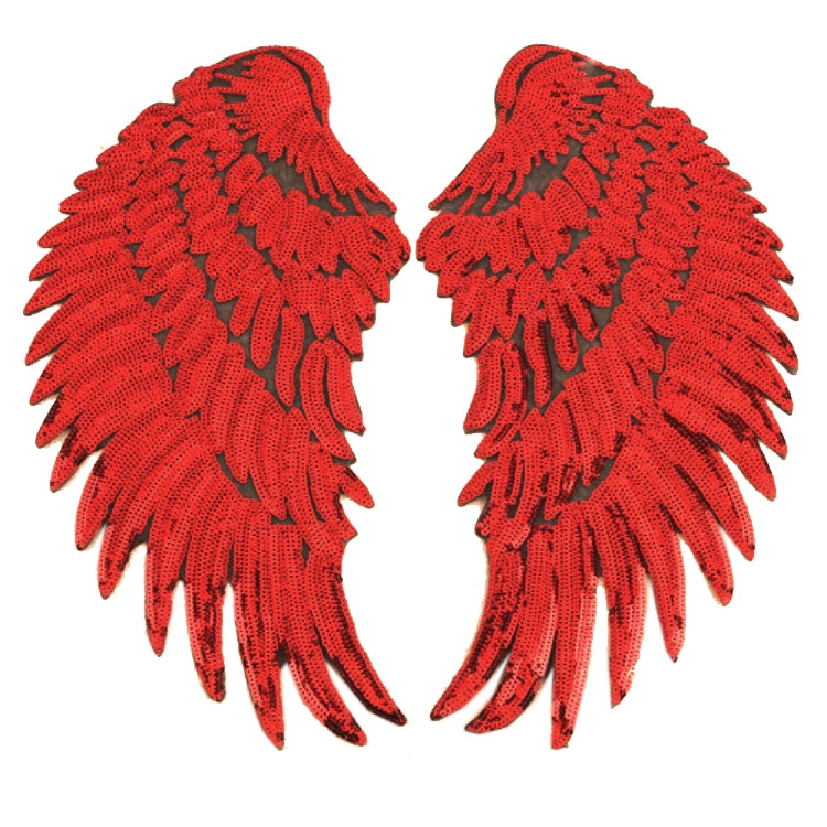 Pair of red sequin feather wing patches with scalloped fringes for DIY clothing.
