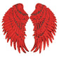 Two red sequin feather wing appliques, fan-shaped fringe for decorating outfits.