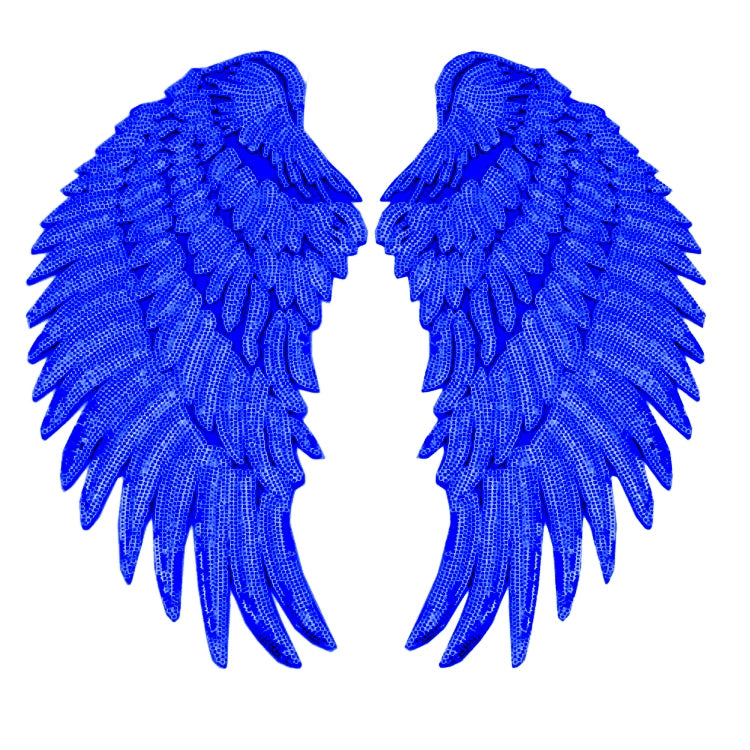 Pair of royal blue sequin feather wing patches, fan-shaped fringed appliques.