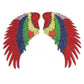 Two multicolor sequin feather wing appliques with red outer wings and green center detail.