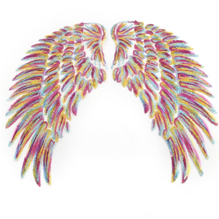 Pair of rainbow sequin feather wing patches with multicolor striped feather fringe.