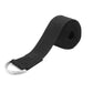 Black yoga stretch belt with metal ring anchor, rolled strap end