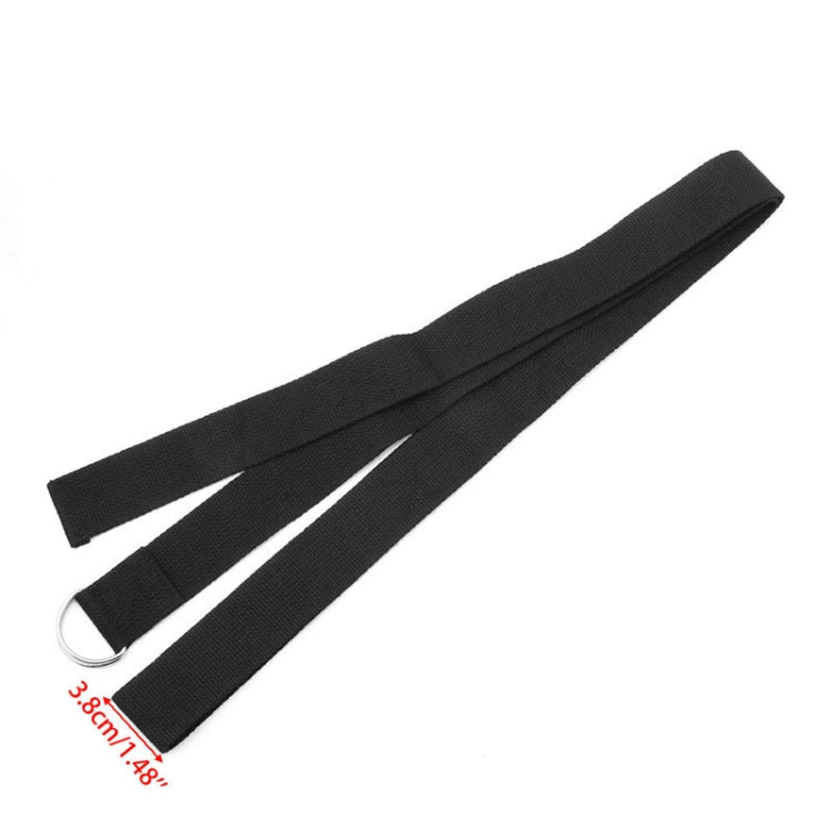 Black yoga stretch belt with metal ring, long flat strap