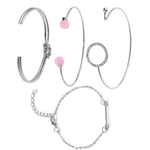 Silver-tone multilayer open crystal bracelet set with arrow and pink heart charms