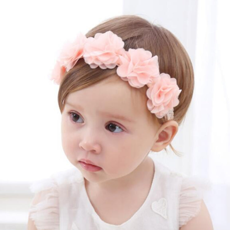 Pink flower baby headband with layered blossoms across elastic band