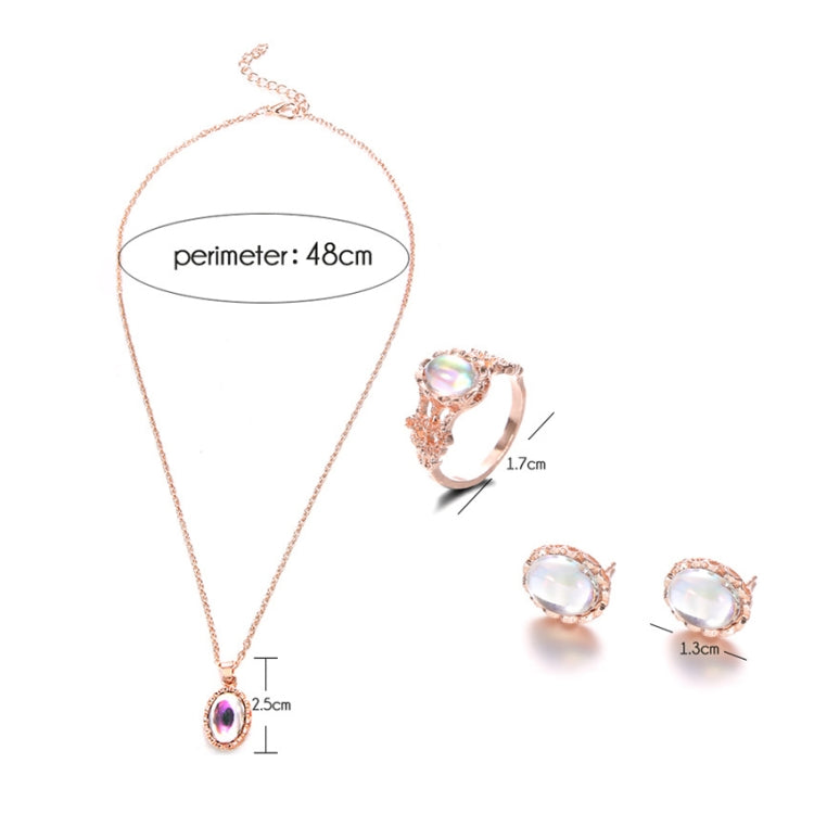 Rose-gold tone opal crystal pendant necklace with matching stud earrings and ring