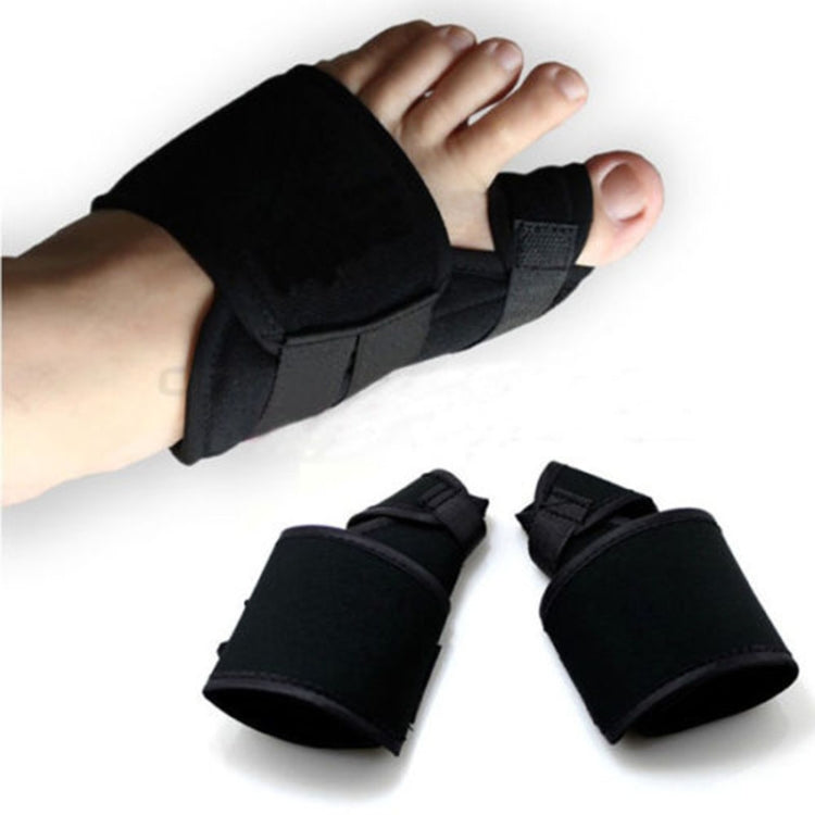 Black soft bunion corrector brace for toe separation, shown on foot and with two splints