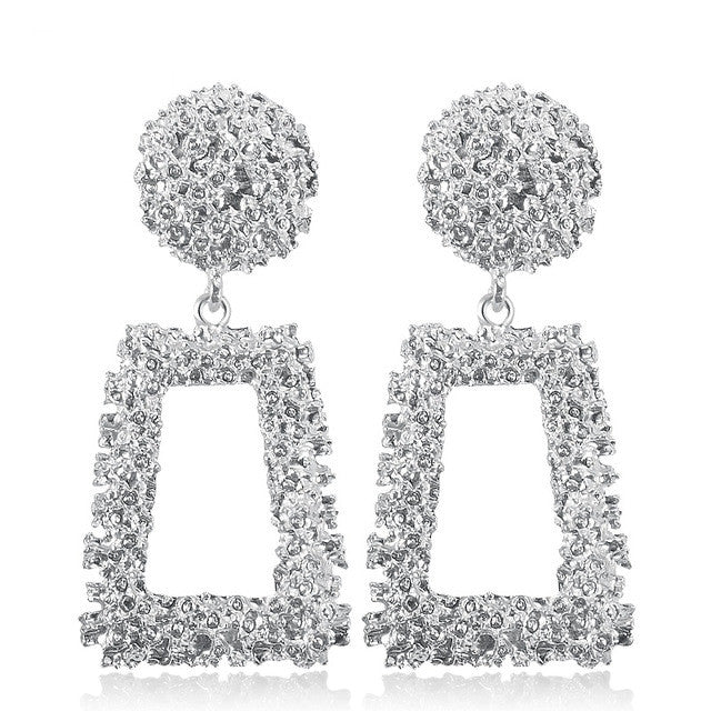 Silver-tone geometric trapezoid long dangle earrings with textured round tops