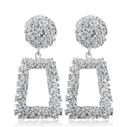 Silver-tone geometric trapezoid long dangle earrings with textured round tops