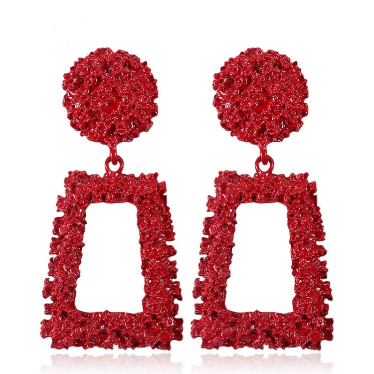 Red geometric trapezoid long dangle earrings with textured round tops