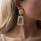 Gold-tone geometric trapezoid long dangle earrings with textured round tops