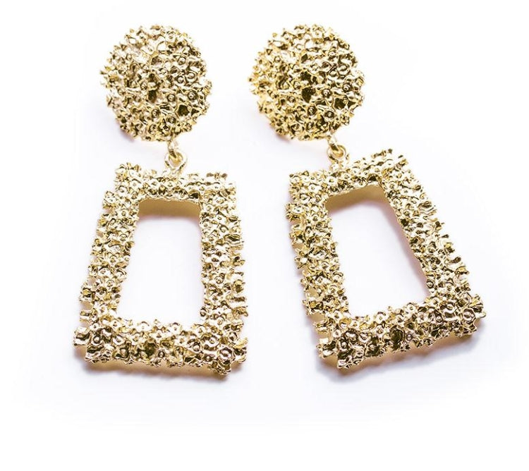 Gold-tone geometric trapezoid long dangle earrings with textured round tops