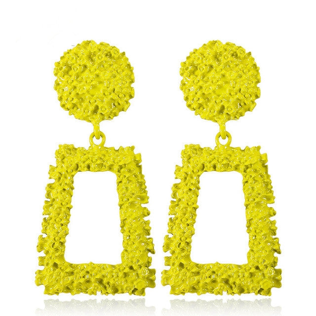 Yellow geometric trapezoid long dangle earrings with textured round tops