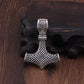 Viking hammer pendant necklace with textured metal hammer on black cord
