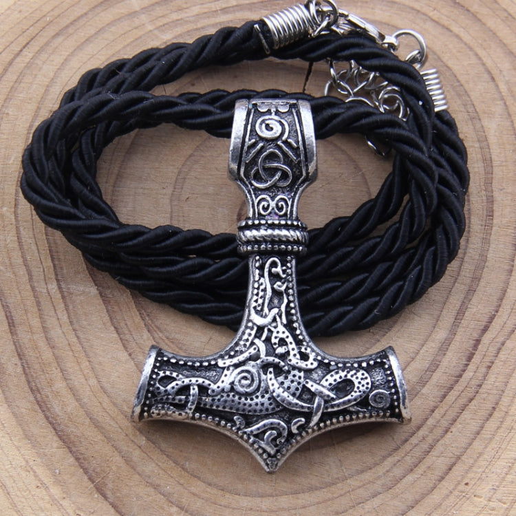 Viking hammer pendant necklace with black braided cord and engraved metal hammer