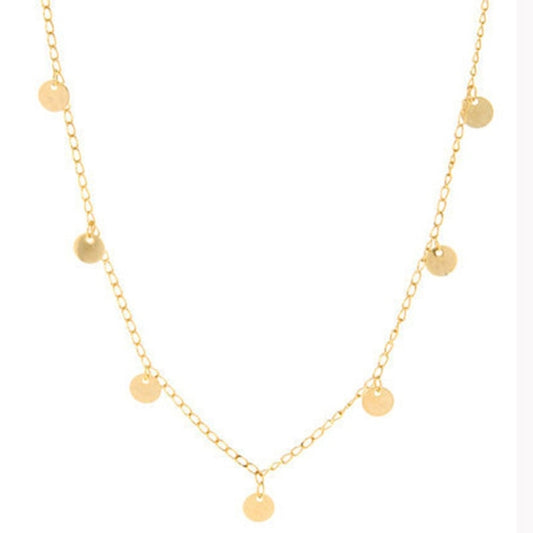 Gold-tone long necklace with evenly spaced round disc charms
