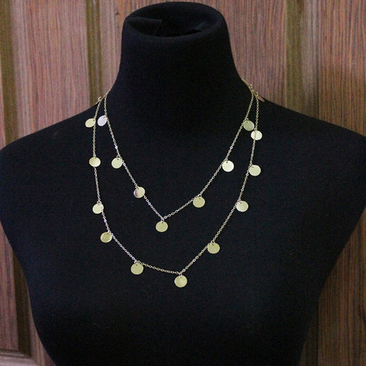 Silver-tone long necklace with layered round disc pendants and fine chain