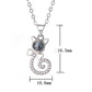 White metal projection pendant necklace with round blue disc and heart swirl charm, crystal accents