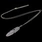 Silver feather pendant long chain necklace with leaf-textured feather charm