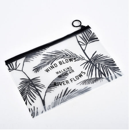 Transparent PVC cosmetic bag with black zipper and tropical palm print, wrist loop handle
