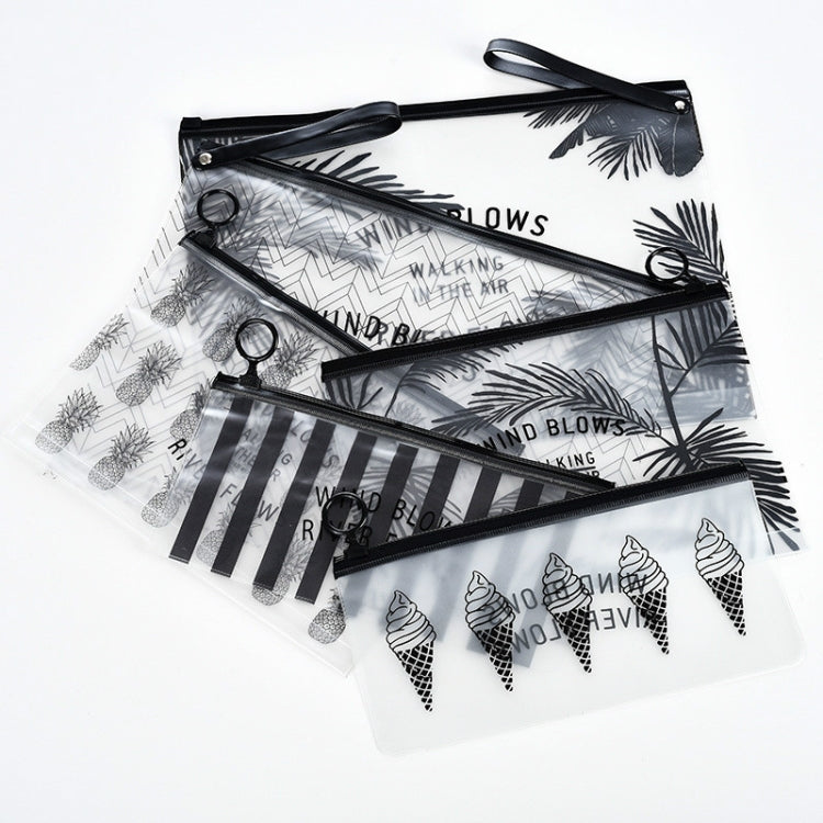 Transparent PVC cosmetic bag set with black zipper and mixed tropical print fronts, wrist loop