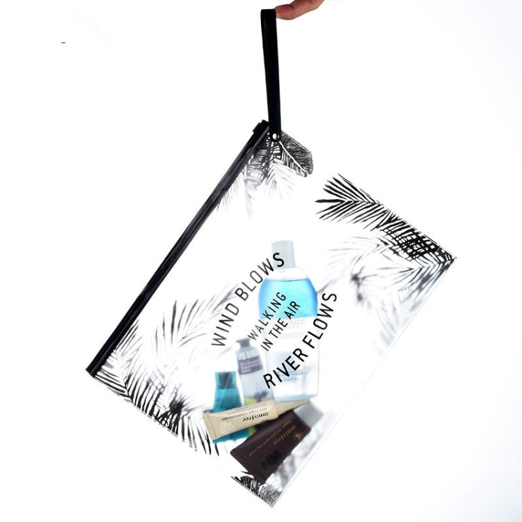 Transparent PVC pouch with black zipper, tropical palm print, hanging wrist loop and toiletries inside