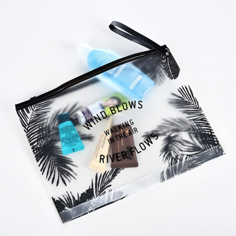 Transparent PVC makeup bag with black zipper and palm leaf print, holds skincare bottles