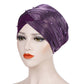 Purple two-tone beaded turban hat with draped band and small round pearl details