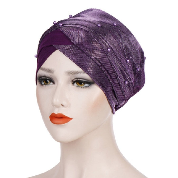 Purple two-tone beaded turban hat with draped band and small round pearl details