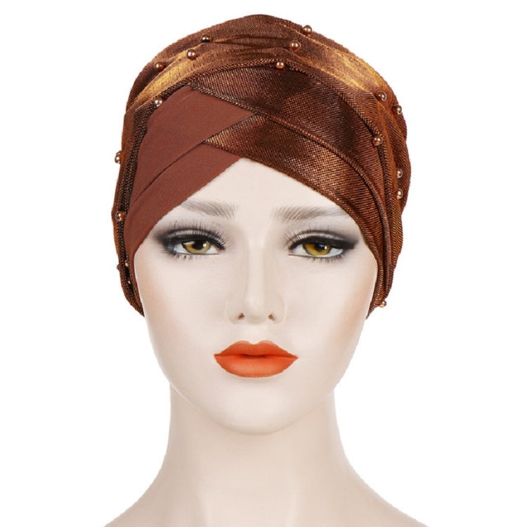 Women’s beaded turban hat in brown with layered headband and pearl stud accents