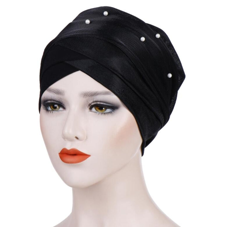 Women’s beaded turban hat in black with layered fabric band and pearl studs