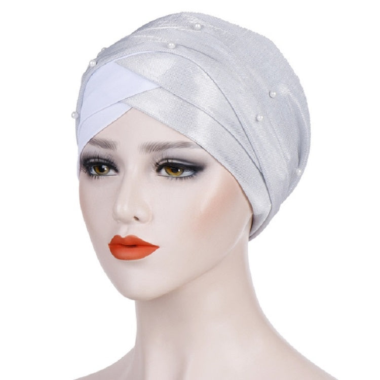 Women’s beaded turban hat in white with draped fabric band and pearl stud accents