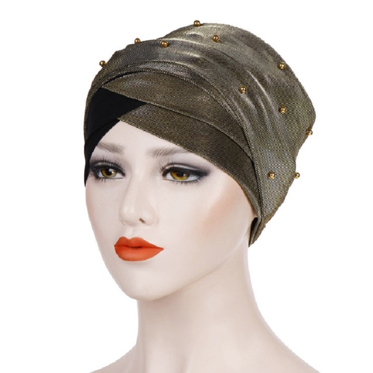 Gray and black beaded turban hat with layered band and pearl stud embellishments