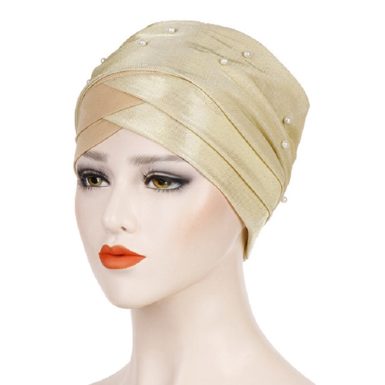 Beaded two-tone turban hat, beige with light gold band and pearl-like studs