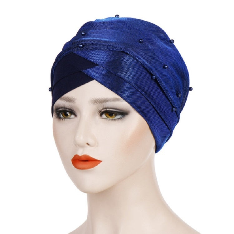 Beaded two-tone turban hat, royal blue with navy band and pearl-like studs