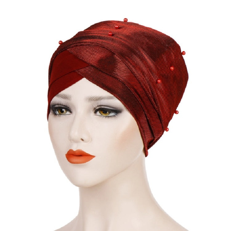 Beaded two-tone turban hat, deep red with darker band and pearl-like studs