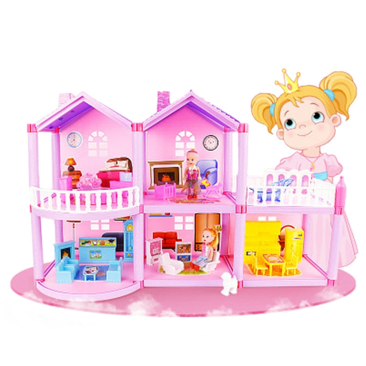 Miniature princess doll house with open multi-level interiors, furniture, and railing