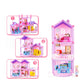 Miniature princess doll house with assembly step views showing multiroom layout