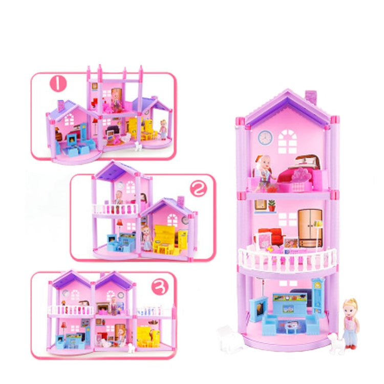 Miniature princess doll house with assembly step views showing multiroom layout