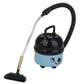 Blue mini dollhouse vacuum cleaner with arched hose, black canister, and rectangular floor brush