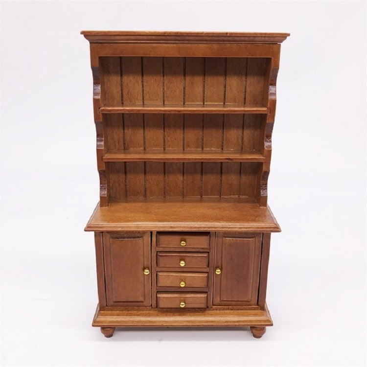 Mini dollhouse wooden cabinet bookcase, brown finish with open shelves and double doors