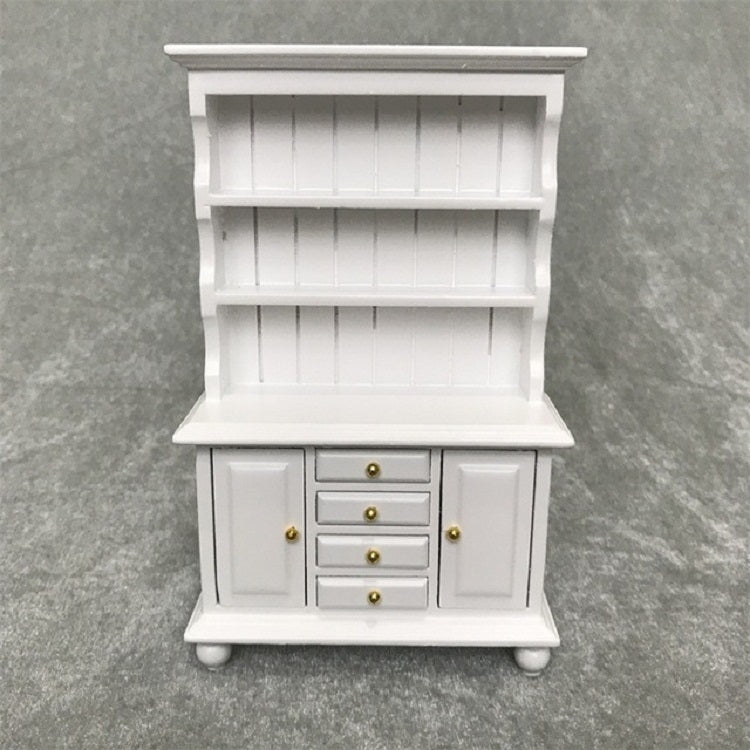 White mini dollhouse cabinet bookcase with open shelves and central drawer unit