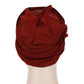 Burgundy linen turban hat wrap with soft gathered folds, flower accents not visible