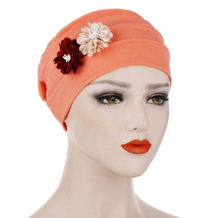 Orange linen turban hat wrap with beige and burgundy flower appliques