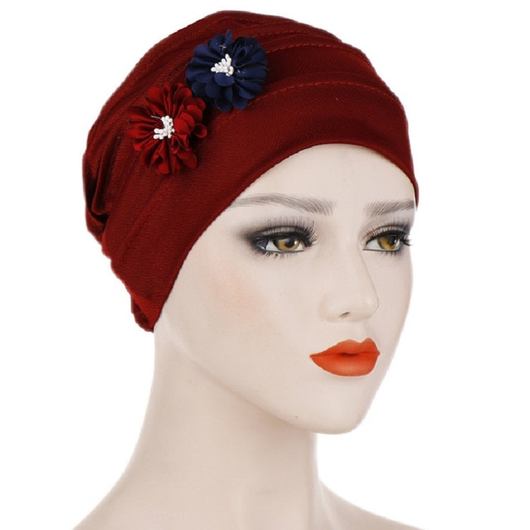Deep red linen turban hat wrap with navy and red flower appliques