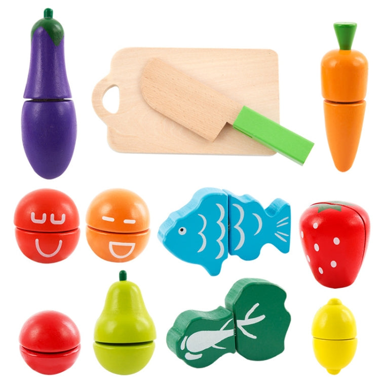 Fruit and vegetable cutting toy pieces with wooden board and green knife