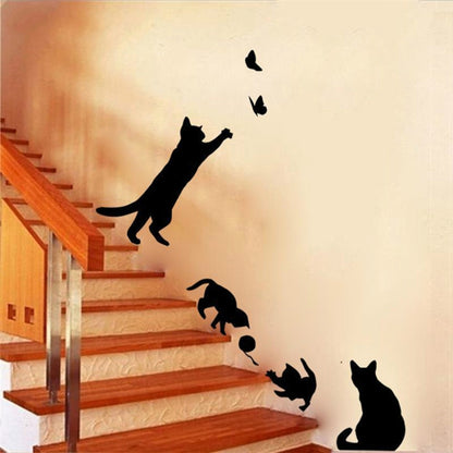 Cat and butterfly wall sticker set with multiple black cat silhouettes flying butterflies