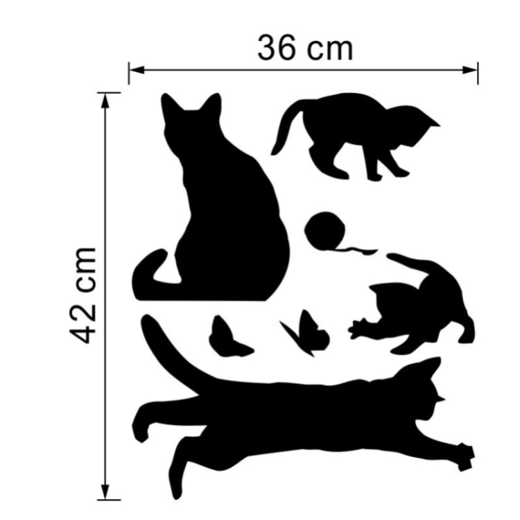 Cat wall sticker design with size markings: 36 cm by 42 cm silhouettes