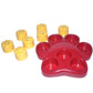 Red paw slow feeder bowl with five empty yellow treat dispenser pieces