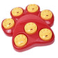 Red paw slow feeder bowl with seven yellow bear-face treat blocks